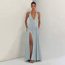 Women's Sexy Halter Neck Knitted Long Dress With Thigh Slit Elegant Formal Prom Gown With Ruched Details - 淺灰色 - 查看 3