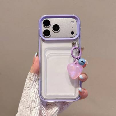 透明卡包手机壳，带心形挂饰，适用于 ，防震透明钱包式保护套，带卡槽和可爱心形钥匙扣，美观防摔保护壳，适用于 17/16/15/14/13 Pro Max