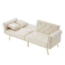Modern 2-Seater Sofa Bed – Velvet Upholstery, 3-Position Adjustable Backrest & Gold-Plated Metal Feet. Stylish Sofa With Sleeping Function – Space-Saving, Durable, Ideal For Small Rooms. - Beige - View 11