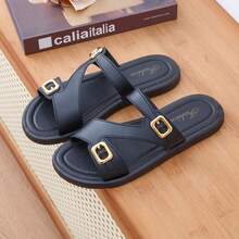 Sandalias planas de mujer antideslizantes de unicolor con diseño de dibujos animados, nuevas sandalias de verano para playa y uso en el hogar con puntera abierta - Negro - Ver 5