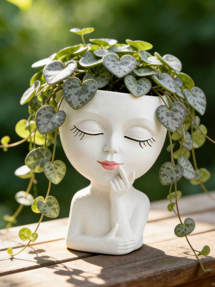 白色树脂人脸花瓶,可爱女孩头像花盆,现代艺术雕塑花盆,适用于家居客厅书桌装饰,独特的多肉植物花盆,适合室内外花园。春季装饰,家居装饰,花瓶,餐桌摆件,花瓶,花罐,餐桌中心装饰品。 - 經典 - 查看 1