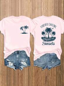 100% Cotton Unisex Round Neck Short-Sleeve T-Shirt With Palm Tree And Sunset Pattern, And The Words "FOREVER CHASING Sunsets" On The Back. Summer Women's Fashion T-Shirt, 180 Grams. Graphic Vacation Outfits For Women, Soft Fabric - màu đen - Xem 5