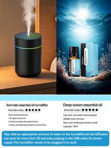 [Home Decor]1pc 180ml Small Cold Mist Humidifier, Romantic Colorful Atmosphere Night Light, Mini Car Aromatherapy Humidifier. Quiet Operation, Timer Auto Shut-Off Function, 2 Working Modes. Compatible With Essential Oils (6 Scents Available). This Set Includes 1 Humidifier And 1 Bottle Of Essential Oil. Perfect For Car, Office, Bedroom, Living Room, Air-Conditioned Room, Study And Computer Room, This USB Powered Air Freshener (Requires Plug-In Use) Provides Air Humidification And Moisturizing, Creating A Comfortable Environment For You. - Black and White - View 14
