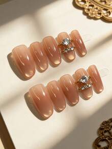 10 móng tay giả thủ công, màu nude trong suốt, đính đá zirconia hình bầu dục, phong cách nghệ thuật móng tay tối giản sang trọng, phù hợp cho việc đi lại hàng ngày, móng giả dán tái sử dụng. - Nhiều màu - Xem 2
