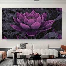 Cuadro plano 2D, Cuadro plano 2D, Una pintura en lienzo oscuro que presenta una flor de loto púrpura rodeada de calaveras, perfecto para decorar espacios como la sala de estar, el dormitorio, el baño, el pasillo, la oficina, el bar, el café - Enmarcado - Ver 3