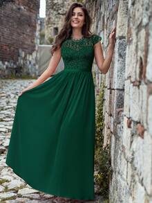 MIUSOL Floral Lace Short Sleeve Chiffon Satin Waist Formal Party Maxi Dress, Elegant Women's Party Gown, Ball Gown, Wedding Guest Dress, Graduation Ceremony Dress, Evening Gown Summer - Dark Green - View 2