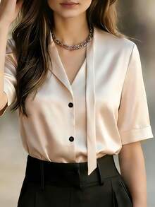 女士不对称领亮面珠地针织优雅衬衫，适合日常穿着、通勤、办公和约会，春夏款 - 杏色 - 查看 3