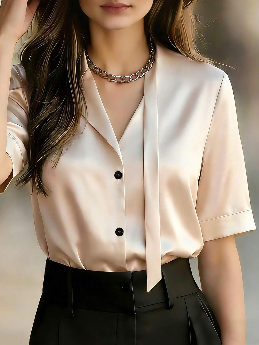 Women's Asymmetric Collar Glossy Pique Knit Elegant Blouse, Suitable For Daily Wear, Commuting, Office, And Dates, Spring/Summer - Apricot - View 1