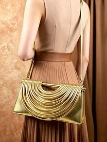 Nouveau sac à main plissé, pochette métallique unique, sac bandoulière amovible, 1 pièce sac fourre-tout doré, polyvalent, convient pour les festivals de musique, les robes de soirée, les fêtes et les courses, toutes saisons - Doré - Voir 5