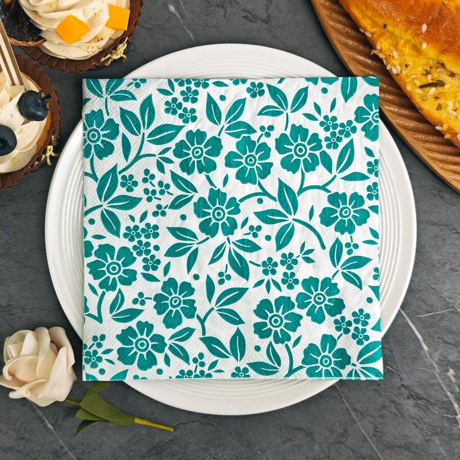 IOOJA 20/50pcs 2-Ply Unfolded Size 33*33cm Hand-Painted Floral & Leaf Print Party Napkins, Disposable Tissue Paper Suitable For Theme Parties, Essential For Company Events, Friends Gatherings - Multicolor - View 1