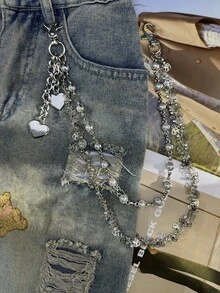 不锈钢心形链，时尚中性奢华配饰，Y2K多功能链，适合搭配包包 - 銀色 - 查看 2