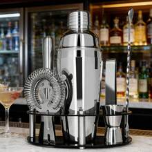 Set de 8 piezas de herramientas de barman para cócteles - Incluye coctelera, dosificador, colador, machacador, cuchara, libro de recetas - Ver 3