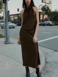 Women Satin Halter Tops Open Back Hidden Button Crop Tops Elegant Cowl Tank Tops Summer Sleeveless Loose Vests Solid Color Going Out Shirt Streetwear - Brown - View 6