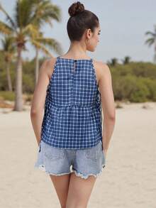 Women's Tie Strap Tank Tops Solid Plaid Pattern Side Ties Sleeveless Spaghetti Straps Camisole for Summer - Azul - Ver 5
