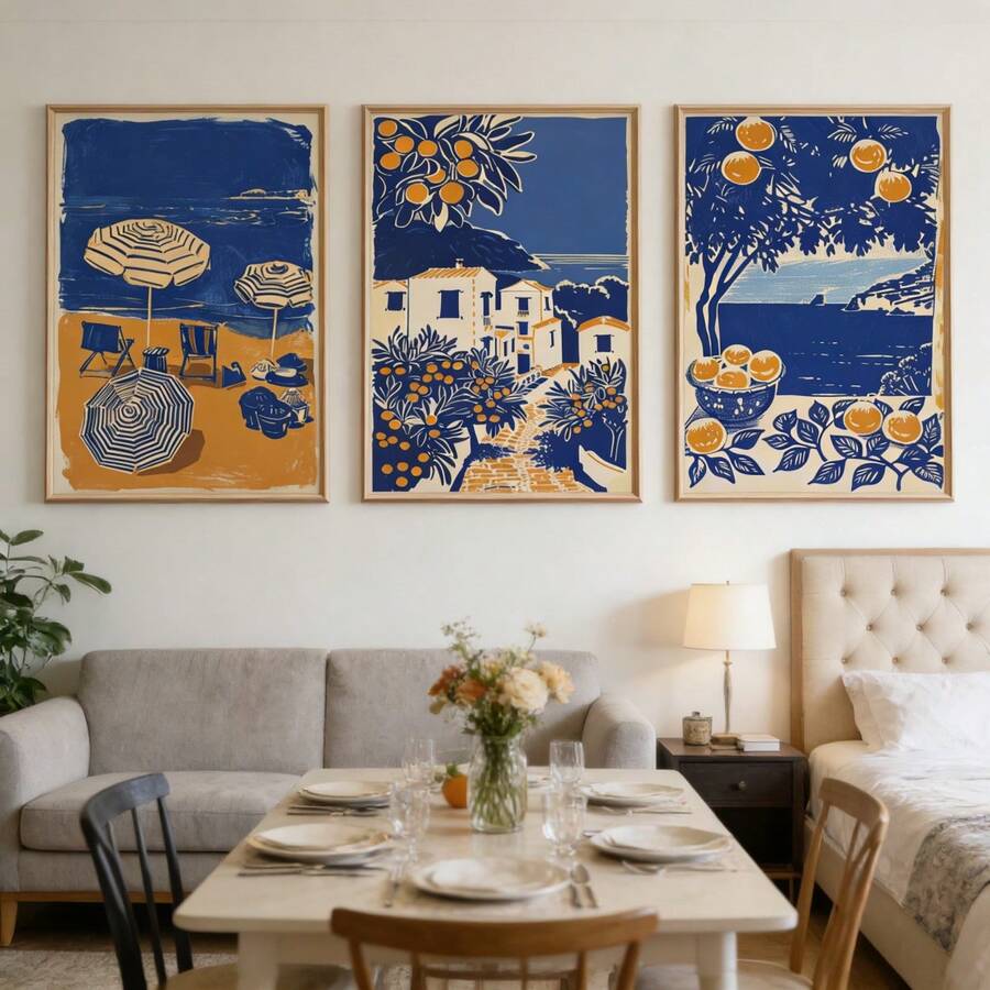 3幅/套无框帆布墙画海报，柑橘园风景帆布印刷海报，地中海夏季海岸风光，现代乡村岛屿旅行艺术印刷品，适用于客厅、卧室装饰，理想的墙面艺术家居装饰海报 - A - 查看 1