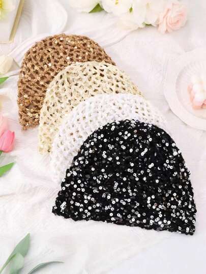 1 chiếc mũ len dệt tay kiểu Y2K thời trang, đính sequin, thoáng khí, kiểu dáng xô đính sequin, mũ beanie dệt rỗng cho nữ, thích hợp cho các hoạt động ngoài trời, chụp ảnh, và mặc hàng ngày.
