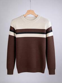 Men's Knitted Sweater, Round Neck, Long Sleeve, Premium Wool, Basic And Comfortable Winter Clothing - Nude con Marrom - Ver 2