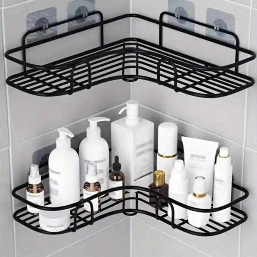 1/2pcs Black Triangle Multi-Functional Self-Adhesive Wall-Mounted Corner Storage Rack, Suitable For Bathroom Decor, Kitchen, Cosmetics, Shower Supplies, Home Bathroom Storage Bag, Autumn Decor And Back To School. Suitable For Home And Dorm Bathroom Storage (Some Products Randomly Shipped)