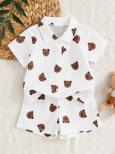 2件套可爱小熊图案休闲短袖衬衫短裤套装，适合男婴，婴幼儿绅士装，适合户外、休闲、派对、节日等场合，0-1-2-3岁，6-9个月。