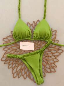 Bộ bikini hai mảnh màu xanh ô liu dành cho nữ, kiểu dây buộc cổ bện, thích hợp cho mùa xuân hè 2026, lý tưởng cho kỳ nghỉ hè trên bãi biển, váy thanh lịch cho nữ, trang phục đi nghỉ mát cho nữ, áo mặc đi chơi và đồ tập thể dục đa năng cho nữ. - Màu xanh Ô liu - Xem 1