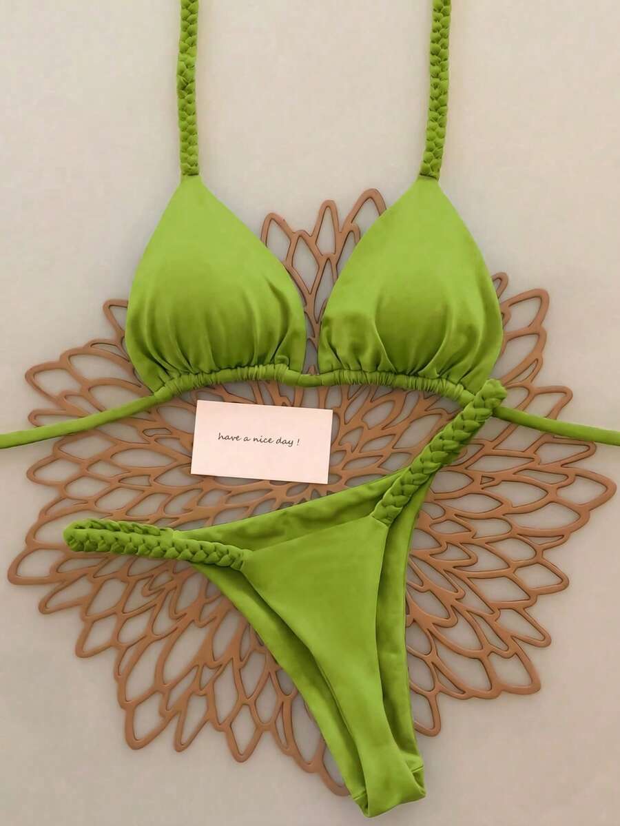 Bộ bikini hai mảnh màu xanh ô liu dành cho nữ, kiểu dây buộc cổ bện, thích hợp cho mùa xuân hè 2026, lý tưởng cho kỳ nghỉ hè trên bãi biển, váy thanh lịch cho nữ, trang phục đi nghỉ mát cho nữ, áo mặc đi chơi và đồ tập thể dục đa năng cho nữ. - Màu xanh Ô liu - Xem 1