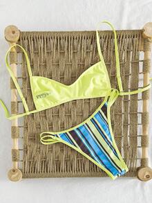 Conjunto de traje de baño de dos piezas con estampado integral sexy y minimalista para mujer, atuendo de fiesta, vacaciones en la playa y citas, nuevo lanzamiento de primavera/verano - Tiras de café azules - Ver 3