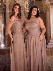 Faeriesty Plus Size Strapless Evening Gown, Ruched Bust And Bodice Design, Floor-Length Flowing Cut Party Wedding - Khaki - View 10