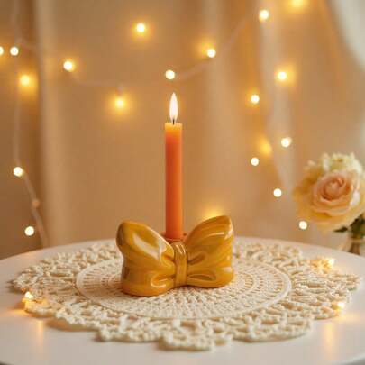 1pc Cute Bowknot Ceramic Candle Holder, Sweet Yellow Bow Taper Candle Stand With Classic Glazed Texture, Preppy Style Aesthetic Room Decor, Romantic Bow Shaped Tealight Holder For Christmas Table Centerpiece, Valentines Day & Wedding, Lovely Ceramic Bow Candle Base, Girly Home Accent, Perfect Gift For Girlfriend