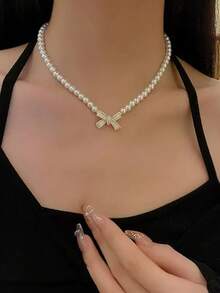 3pcs Set Minimalist Fashion Pearl Bow Pendant Necklace & Earrings, Unique Design Versatile Accessories For Girls - White - View 2