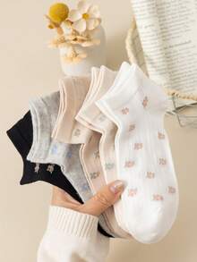5 Pairs New Summer Women's Mesh Floral Ankle Socks, Vintage Delicate Floral Socks, Suitable For Casual Daily Wear, Random Colors - Multicolor - View 3