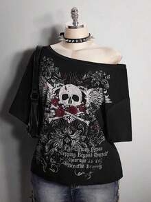 Colección verano 2026. Camiseta holgada mujer talla grande, estampado calavera y rosa gótico punk, estilo retro vanguardista. Tallas 3–7XL, apta otoño-invierno. Envío gratis 24h. - Negro 2 - Ver 5