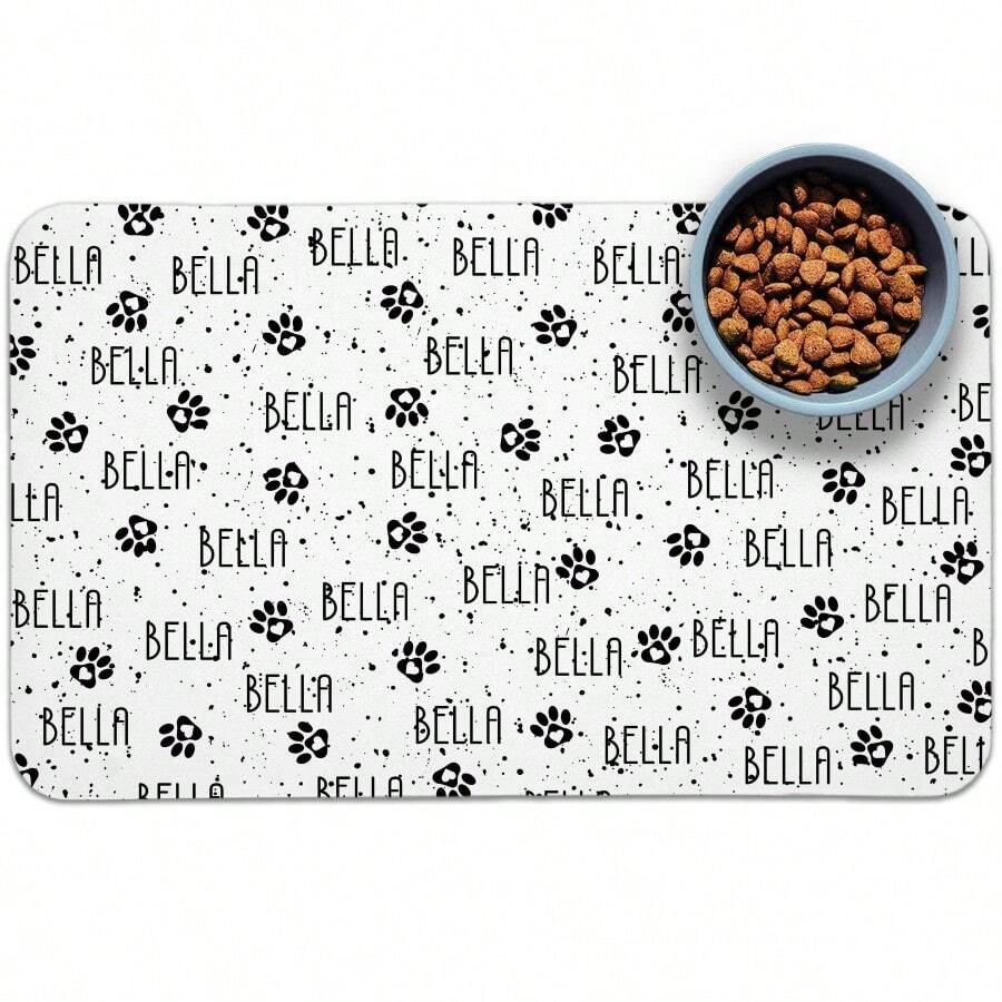 Personalized Custom Name Pet Feeding Mat, Waterproof Oil-Proof Anti-Slip Pad, Residue & Water Proof Floor Protection, Wear Resistant Durable Pet Bowl Mat For Dogs Cats, Home Pet Supplies - White - View 1