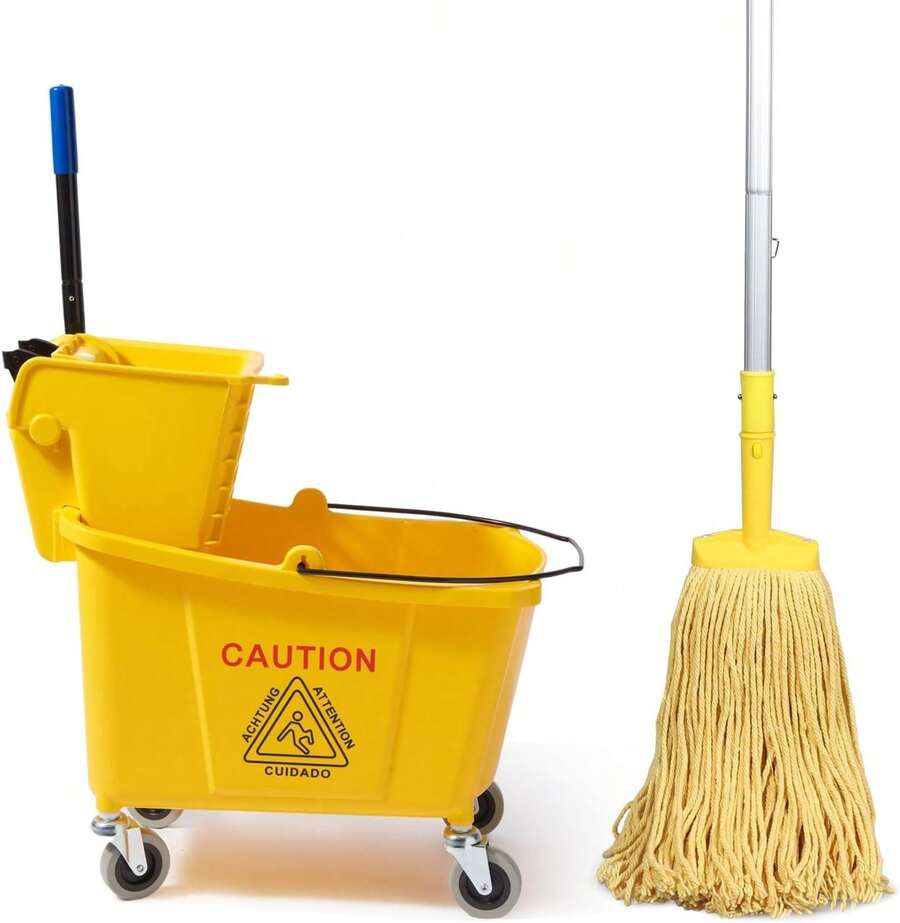 Mop Bucket With Wringer, 22 Qt (5.5 Gallon), Floor Cleaning, Handle, Wheels, 16.5" L X 10.6" W X 26.4" H, Yellow,Plus One Cotton Mop - 35 - 查看 1