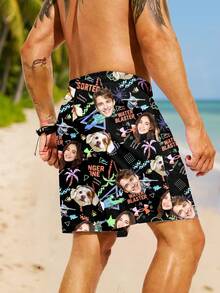 Custom Men's Beach Shorts, Sexy Customized Couple Portraits, Family Members, Pets, Cartoon Patterns, Suitable For Vacation Parties, Fun Beach Shorts - Multicolor - View 2