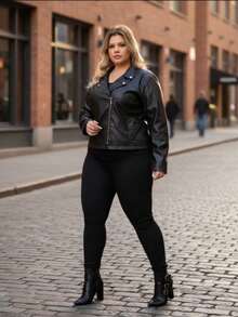 Women's Faux Leather Jacket, Curve Plus Size (G3) - 黑色 - 查看 2