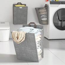 1PC Beige/Gray Hanging Laundry Hamper With Lid, Large-Capacity Wall-Mounted Clothes Storage Bag, Home Storage & Organization, Minimalist Style, Linen-Like Material, Rectangular Shape, With Visible Mesh Window & Leather Handle - Multicolor - View 1