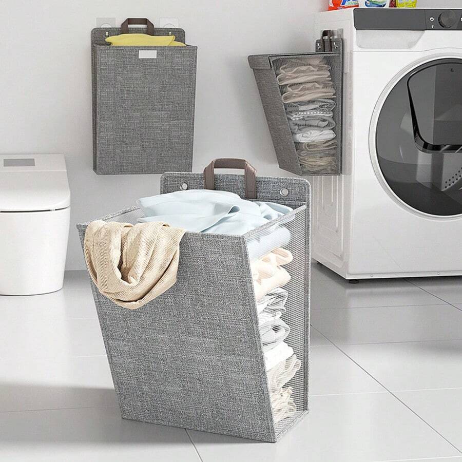 1PC Beige/Gray Hanging Laundry Hamper With Lid, Large-Capacity Wall-Mounted Clothes Storage Bag, Home Storage & Organization, Minimalist Style, Linen-Like Material, Rectangular Shape, With Visible Mesh Window & Leather Handle - Multicolor - View 1