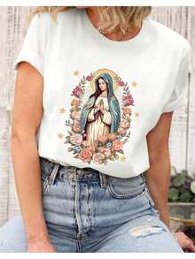 Camiseta Feminina ROGAI POR NOS Gola Redonda Manga Curta Algodão Moda Basica,  Todos Os Estilos - Branco - View 2
