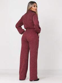 Women's Winter Set: Thick Ribbed Wool Blouse + Wide-Leg Pants With Pockets - 2026 Fashion - 酒紅色 - 查看 2