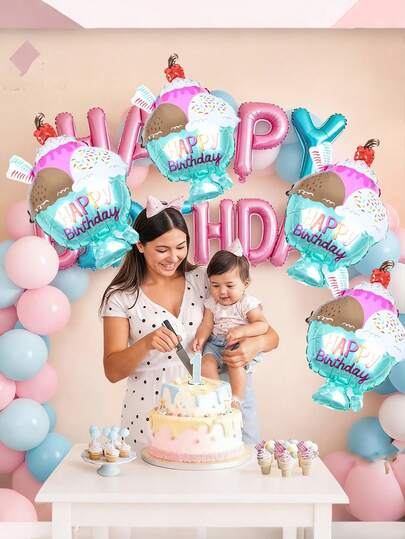 2/4pcs Giant Ice Cream Balloons, Polyester Film Balloons For Ice Cream Party Decoration | Happy Birthday Decoration | Balloons For Birthday Party Decoration