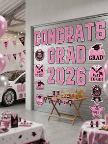 Conjunto de decoración para auto de graduación 2026, 22 piezas, color rosa, adecuado para fiesta de graduación universitaria y de jardín de infantes, yate, puerta del garaje y refrigerador - Pegatina magnética rosa de graduación - Ver 5