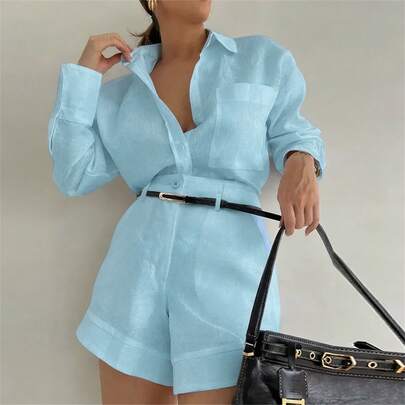 UREREM 1 Set Women's Elegant Solid Color Collared Long Sleeve Shorts Set, 120G Woven Fabric, Minimalist Office Wear, High-Quality Spring