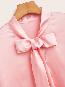 Women's Elegant Bow Collar Short Sleeve Blouse - Satin Fabric Versatile Spring/Summer Shirt, Pink - Pink - View 6