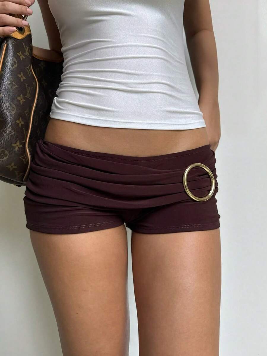 Women Mini Shorts Y2k Round Ring Decor Elastic Waist Low Rise Ruched Booty Shorts Slim Fit Micro Shorts Summer Stylish Aesthetic Going Out Rave Shorts Daily Casual Party Streetwear - Coffee Brown - View 1
