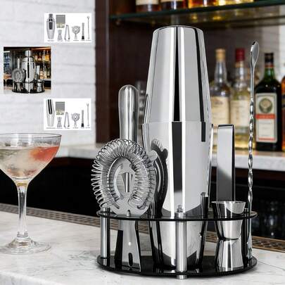 KCJLHGT Bộ dụng cụ pha chế cocktail 8 món - Bao gồm bình lắc cocktail, dụng cụ đong định lượng, dụng cụ lọc, dụng cụ dầm, thìa và sách công thức.