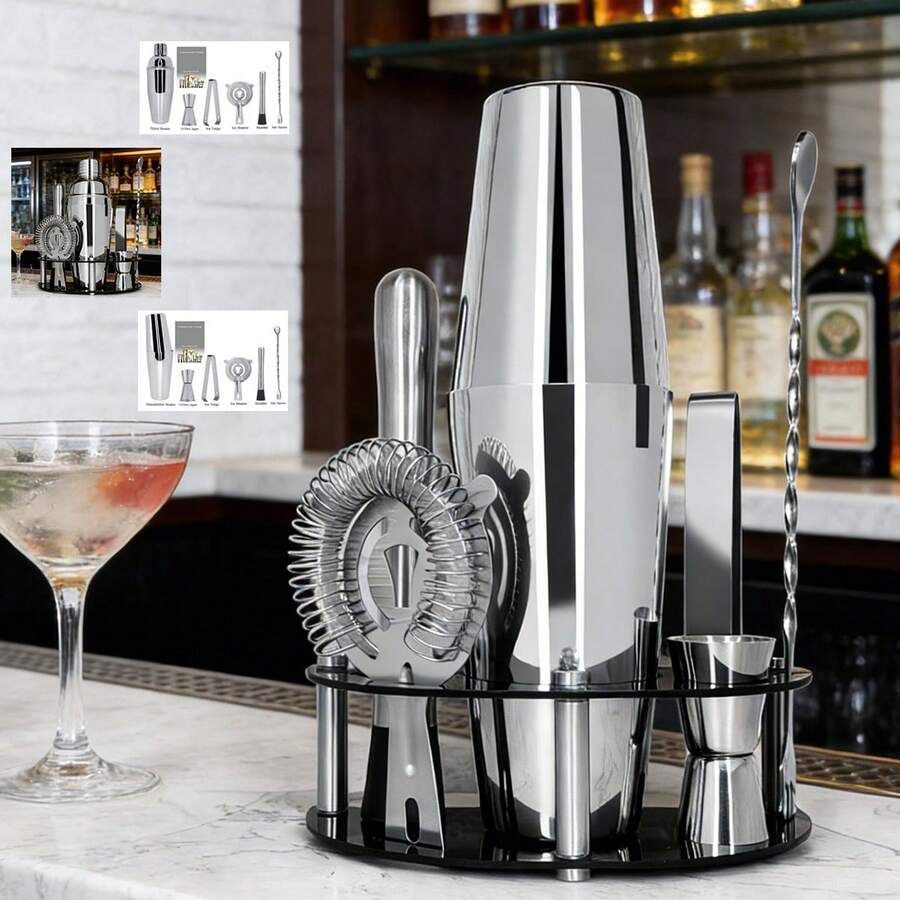 Set de 8 piezas de herramientas de barman para cócteles - Incluye coctelera, dosificador, colador, machacador, cuchara, libro de recetas