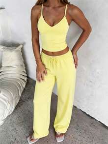 GAOVOT Conjunto de 2 piezas de mujer con camiseta de tirantes de cuello en V profundo y pantalones rectos holgados, para otoño y verano - Amarillo - Ver 5