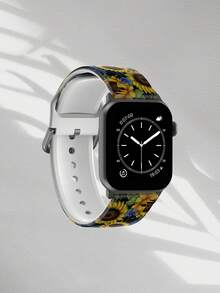1pc Black Background Blue Sunflower Pattern Soft Elastic Breathable Replacement Watch Band, Compatible With Samsung, Compatible With Honor Smartwatches, 38mm 40mm 41mm 42mm 46mm 45mm 44mm 49mm, Daily Casual Silicone Watch Strap Compatible With Apple Watch Ultra SE/11/10/9/8/7/6/5/4/3/2/1, Floral Pattern Holiday Gift - Multicolor - View 3