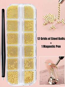 12pcs/Box Gold Stainless Steel Metal Beads Nail Art Decoration, 3D Mini 1mm Caviar Beads Silver Pendant Faux Pearl Nail Jewelry - Multicolor - View 3