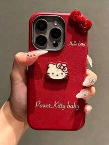 SANRIO 1个红色皮革纹理卡通3D三丽鸥KT蝴蝶结TPU防震保护手机壳，适用于 11/12/13/14/15/16/17/PROMAX - 紅色 - 查看 2